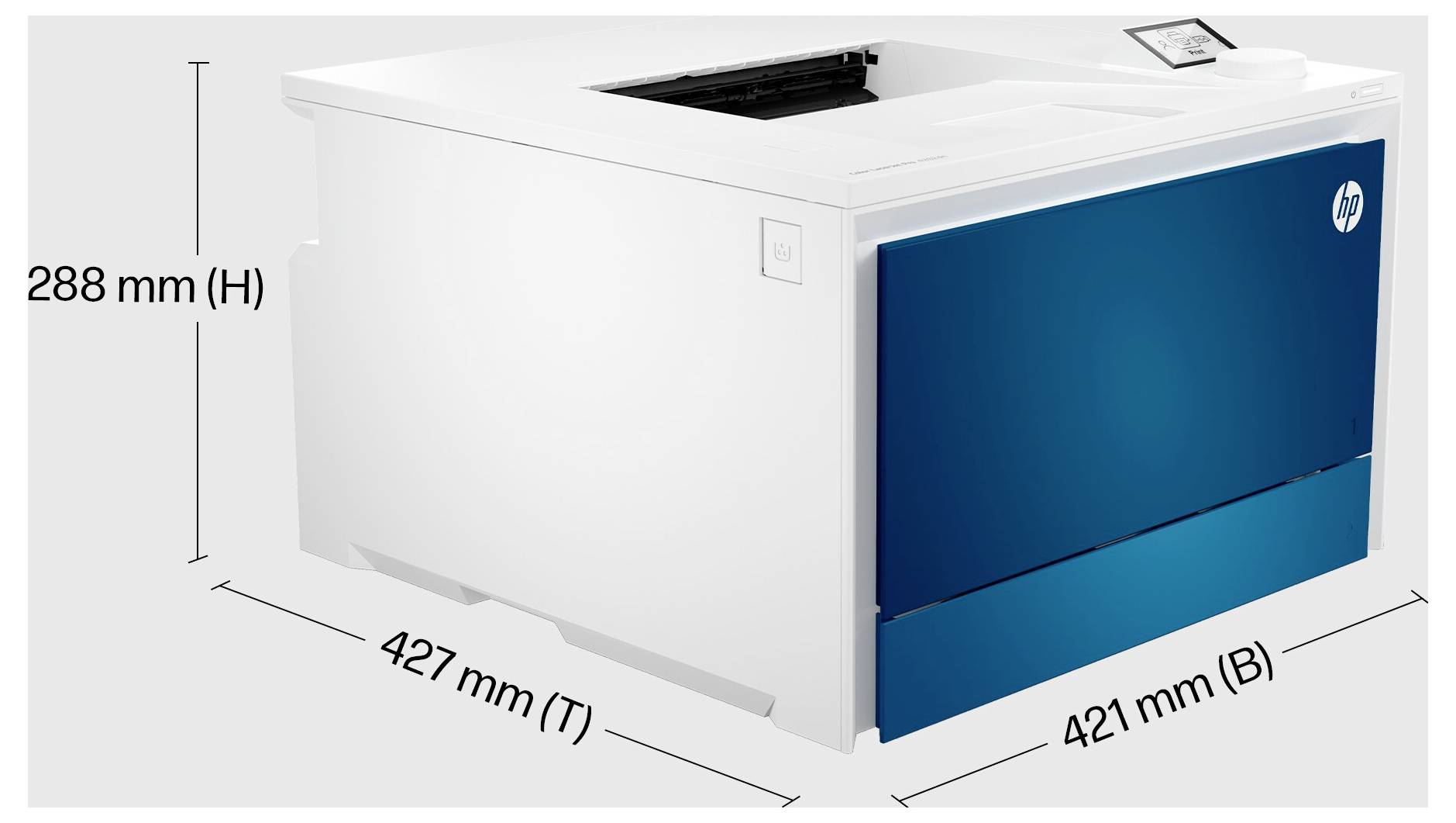 HP-Drucker in 3D dargestellt mit beschrifteten Abmessungen: 288 mm hoch, 427 mm tief, 421 mm breit.
