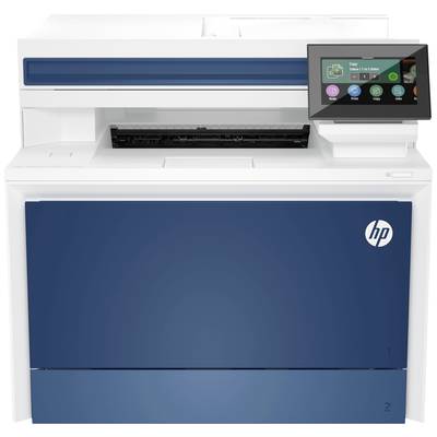 Ein moderner Drucker mit Touchscreen-Anzeige zeigt Optionen zum Kopieren, Scannen und Drucken. Das Gerät ist vorwiegend weiß mit blauen Akzenten.