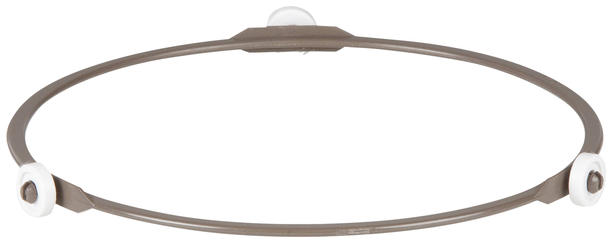 Ein brauner, runder Reifen mit drei befestigten weißen Kugeln, vermutlich Teil eines Spielzeugs oder Fitnessgeräts.