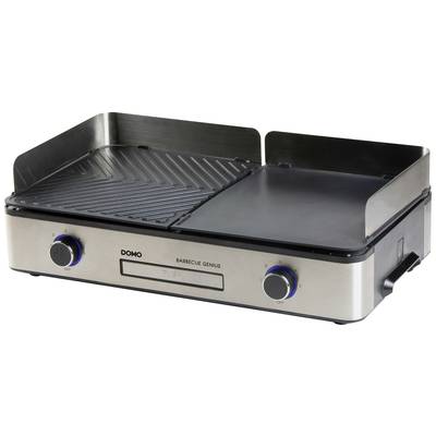 Ein elektrischer Tischgrill mit zwei Drehknöpfen und einer glatten sowie geriffelten Grillfläche, geeignet für den Innengebrauch.