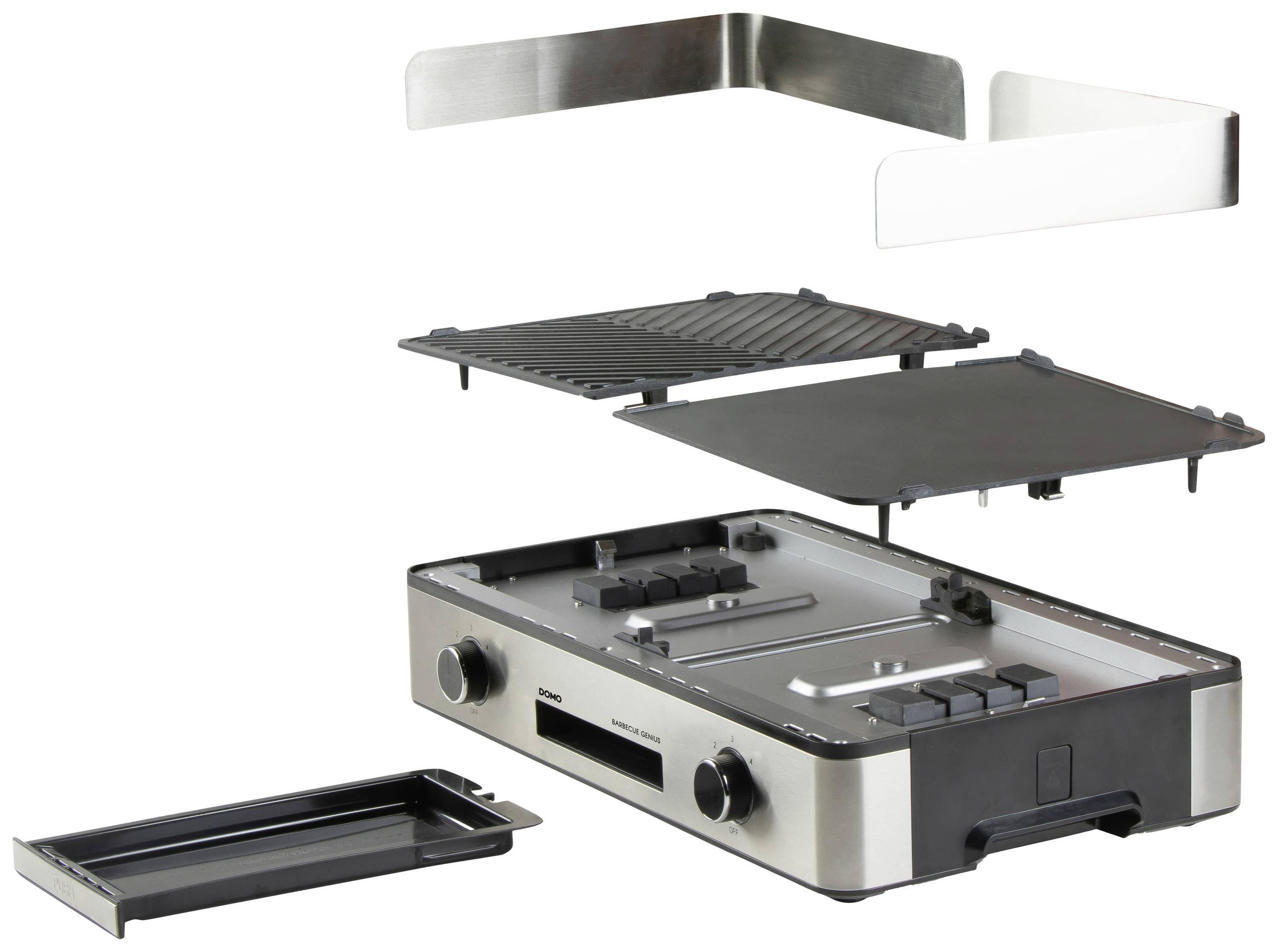 Ein auseinandergebauter Kontaktgrill mit mehreren austauschbaren Platten und Abdeckungen, ideal für vielseitiges Grillen und Braten.