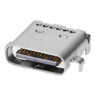 Eine Nahaufnahme eines USB-C-Anschlusses, der die goldenen Kontakte und die äußere Metallhülle zeigt.