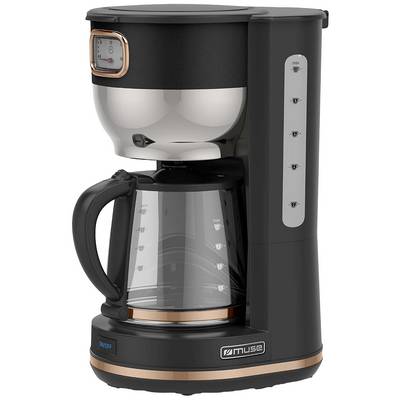 Kaffeemaschine mit Glaskanne, schwarzem Gehäuse und silbernen Akzenten; seitlich Wasserstandsanzeige; Tasten für Bedienung.