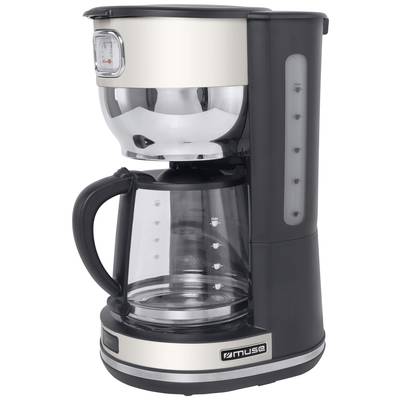Kaffeemaschine mit Glaskanne und Wasserstandsanzeige, im modernen Design, schwarz-silberne Farbgebung, geeignet für Filterkaffee.