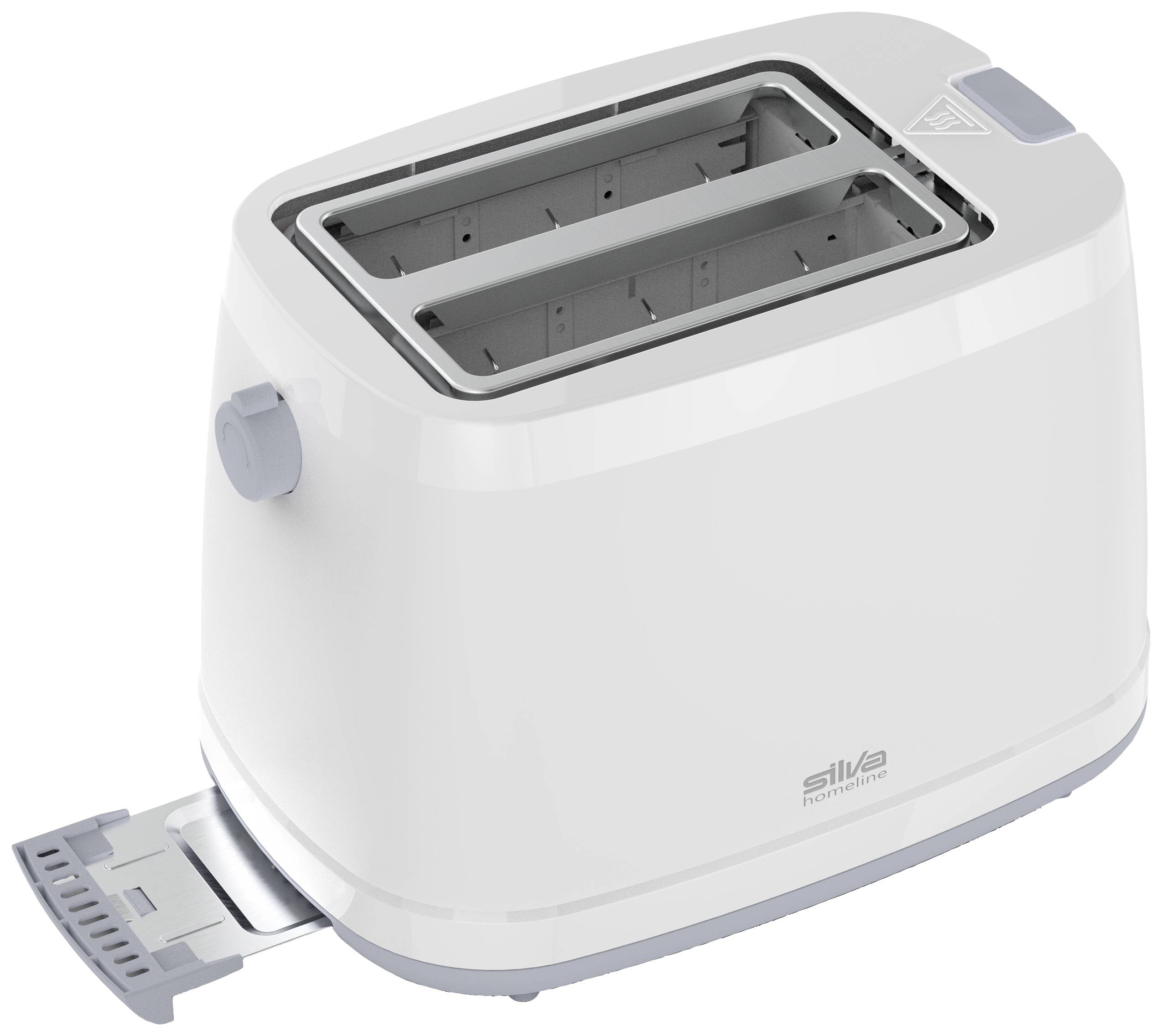 Ein weißer Toaster mit zwei Schlitzen und seitlichem Drehregler; ein herausnehmbares Krümelfach zieht heraus. Markiert mit 'silva'.