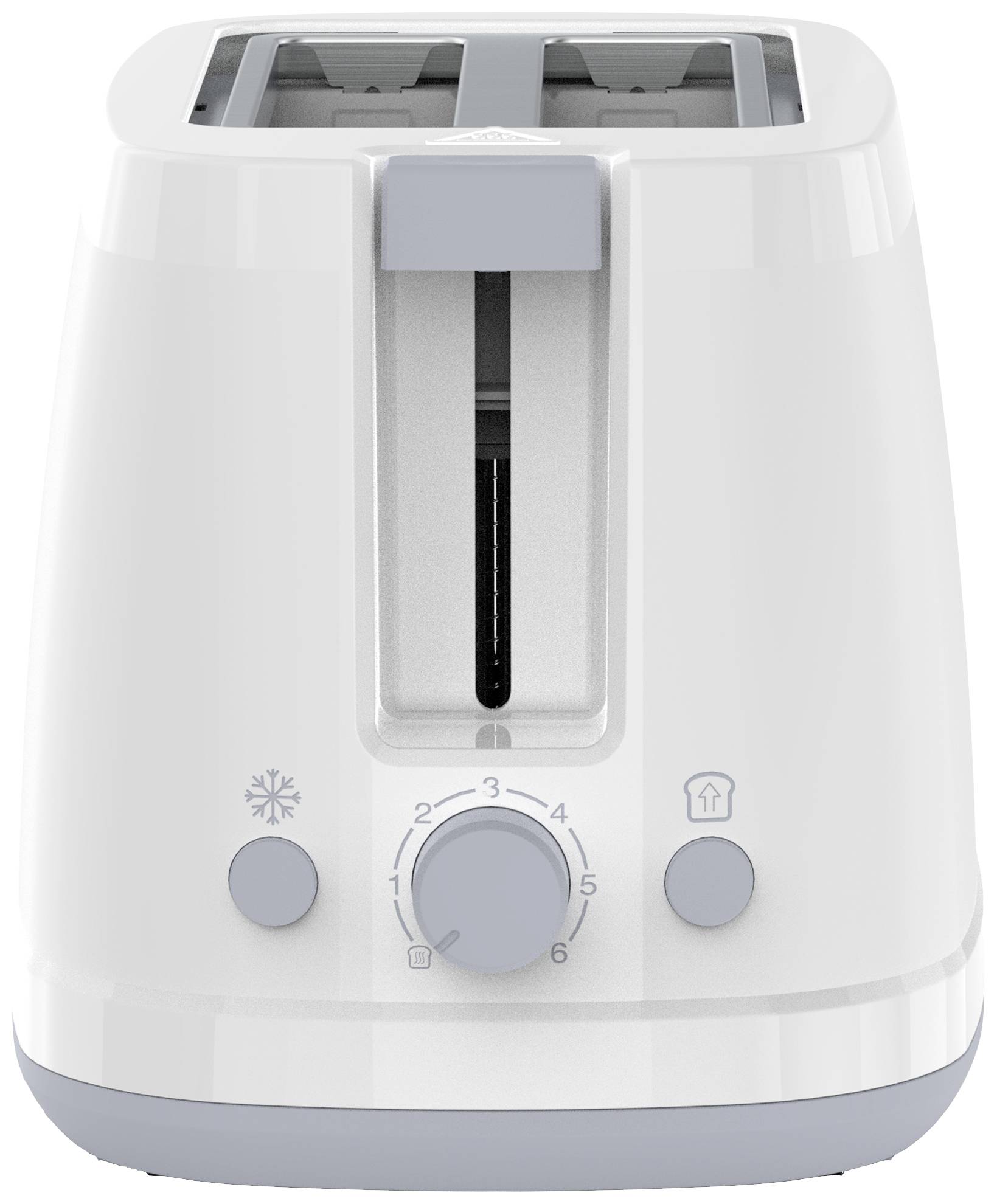 Ein weißer Toaster mit zwei Schlitzen, einem Drehknopf zur Einstellung des Bräunungsgrads und Symbolen für Auftauen und Aufwärmen.