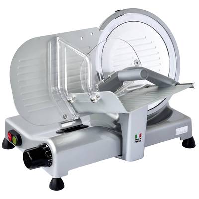 Eine silberne Aufschnittmaschine mit scharfer Klinge, geeignet zum Schneiden von Fleisch und Käse, steht auf einem Küchentisch.
