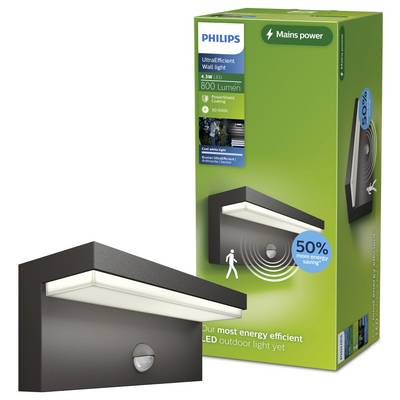 Philips UltraEfficient Wandleuchte LED Außenleuchte Verpackung mit schwarzer Wandleuchte auf der Schachtel abgebildet und Produkt vorne gezeigt, gekennzeichnet mit 800 Lumen, 4,8W LED, 50% mehr Energieeinsparung
