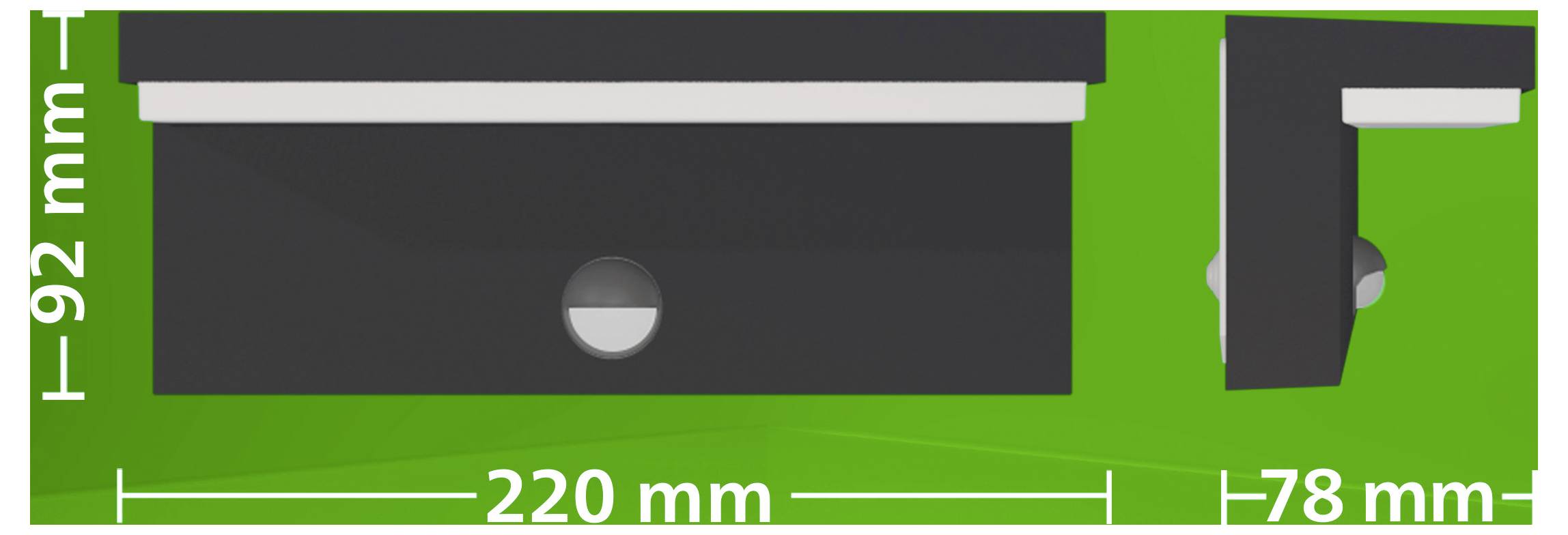 Technische Zeichnung einer dunkelrechteckigen Komponente mit einem zentrierten kreisförmigen Loch, dargestellt in Vorder- und Seitenansicht, mit Abmessungen von 220 mm Breite, 92 mm Höhe und 78 mm Tiefe gekennzeichnet.