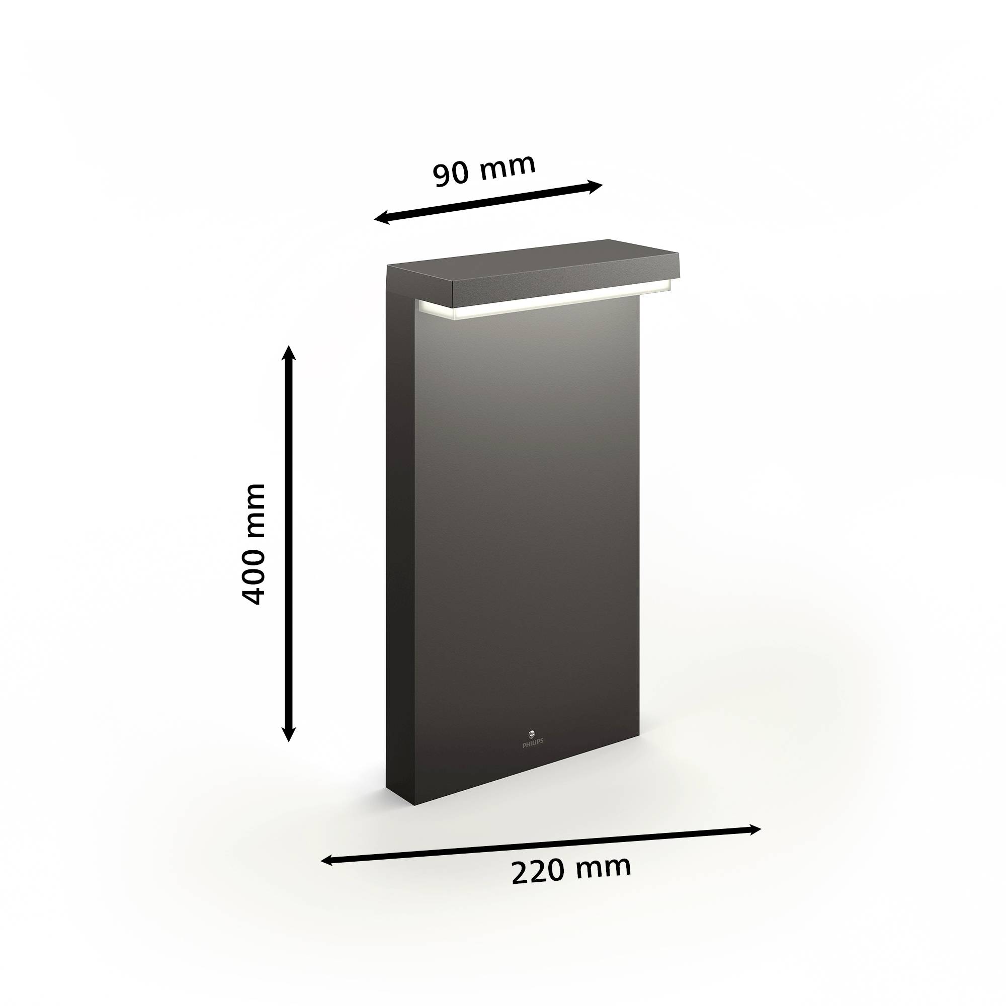 Schwarze Wandlampe mit rechteckigem Körper, Maße: 400 mm hoch, 220 mm breit, 90 mm tief. Oben leuchtet ein integriertes Licht.