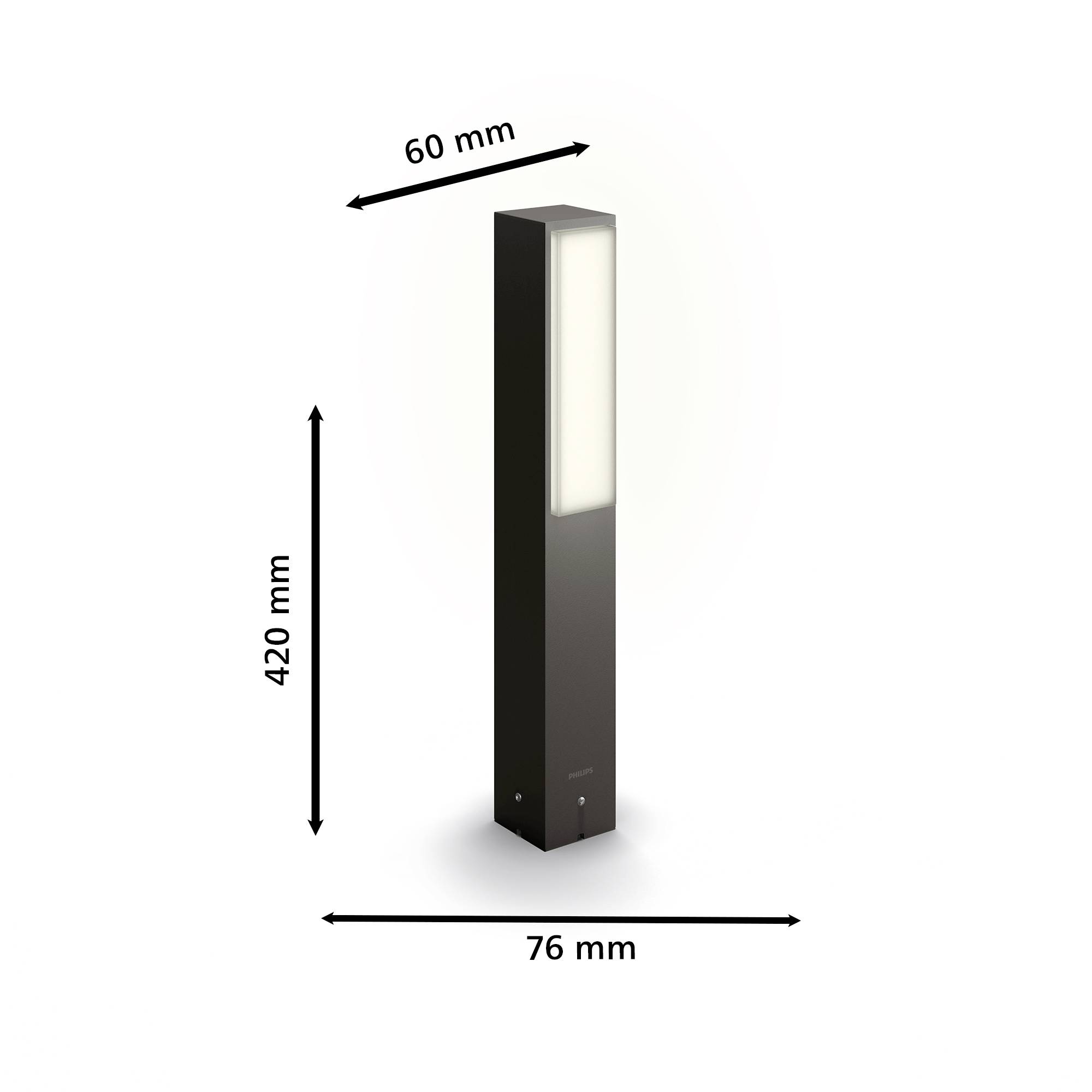 Eine schwarze, rechteckige Außenleuchte mit den Maßen 420 mm Höhe, 76 mm Breite und 60 mm Tiefe.