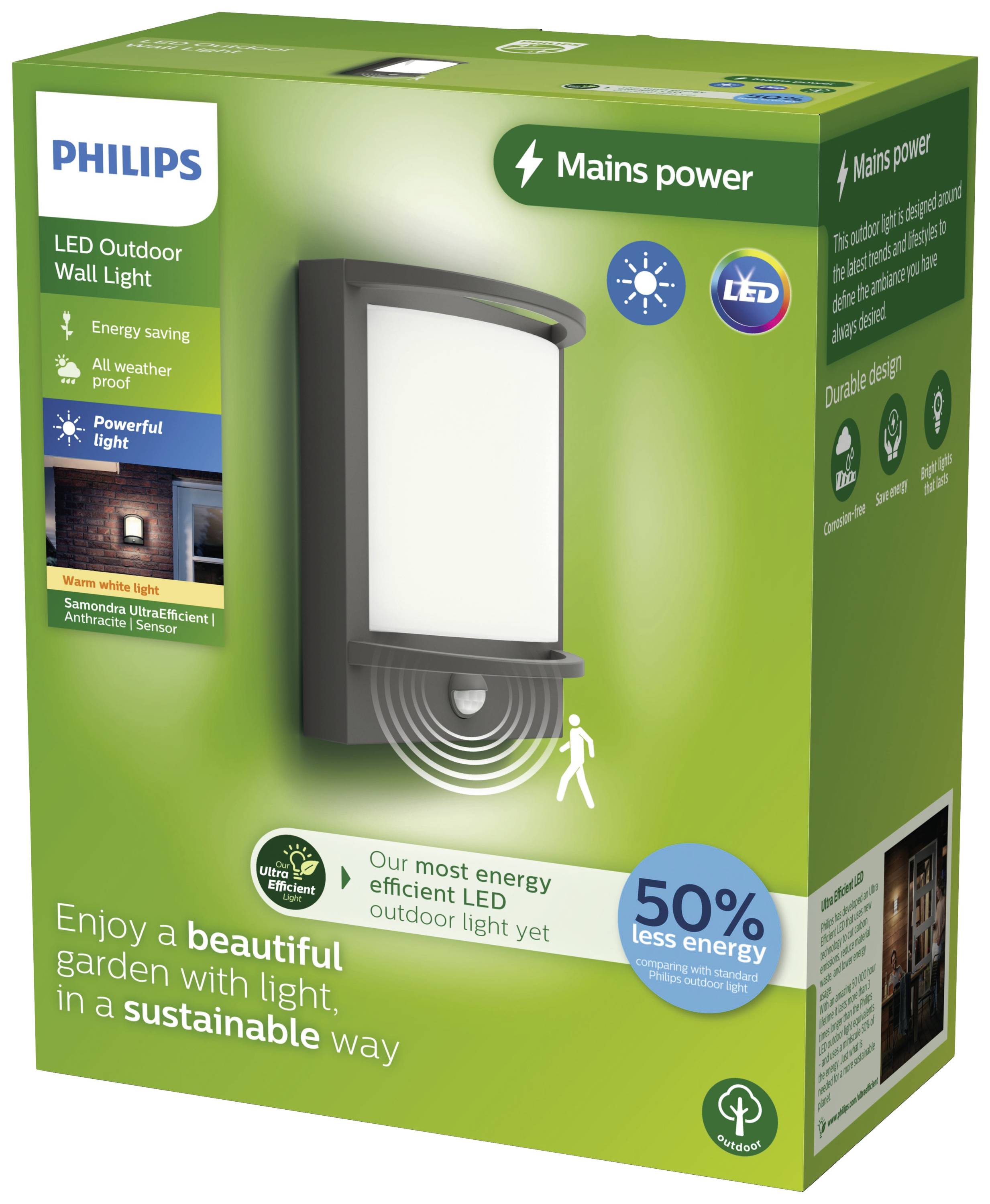 Verpackung einer Philips LED-Außenwandleuchte mit Bewegungssensor. Verspricht 50 % Energieeinsparung und wetterfeste Konstruktion.