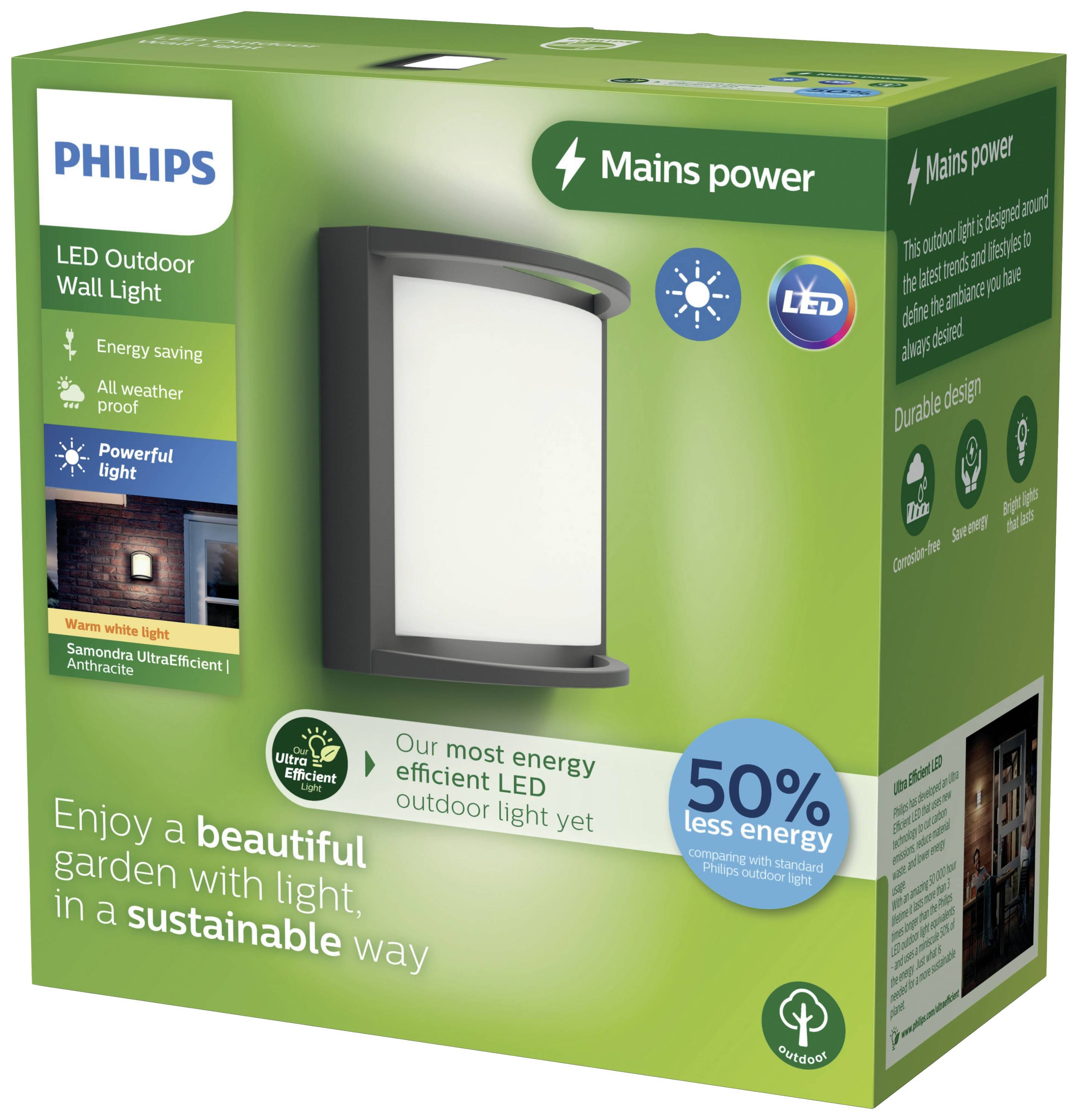 'Philips LED-Außenwandleuchte, energieeffizient, für den Garten. 50 % weniger Energieverbrauch, wetterfest, modernes Design.'