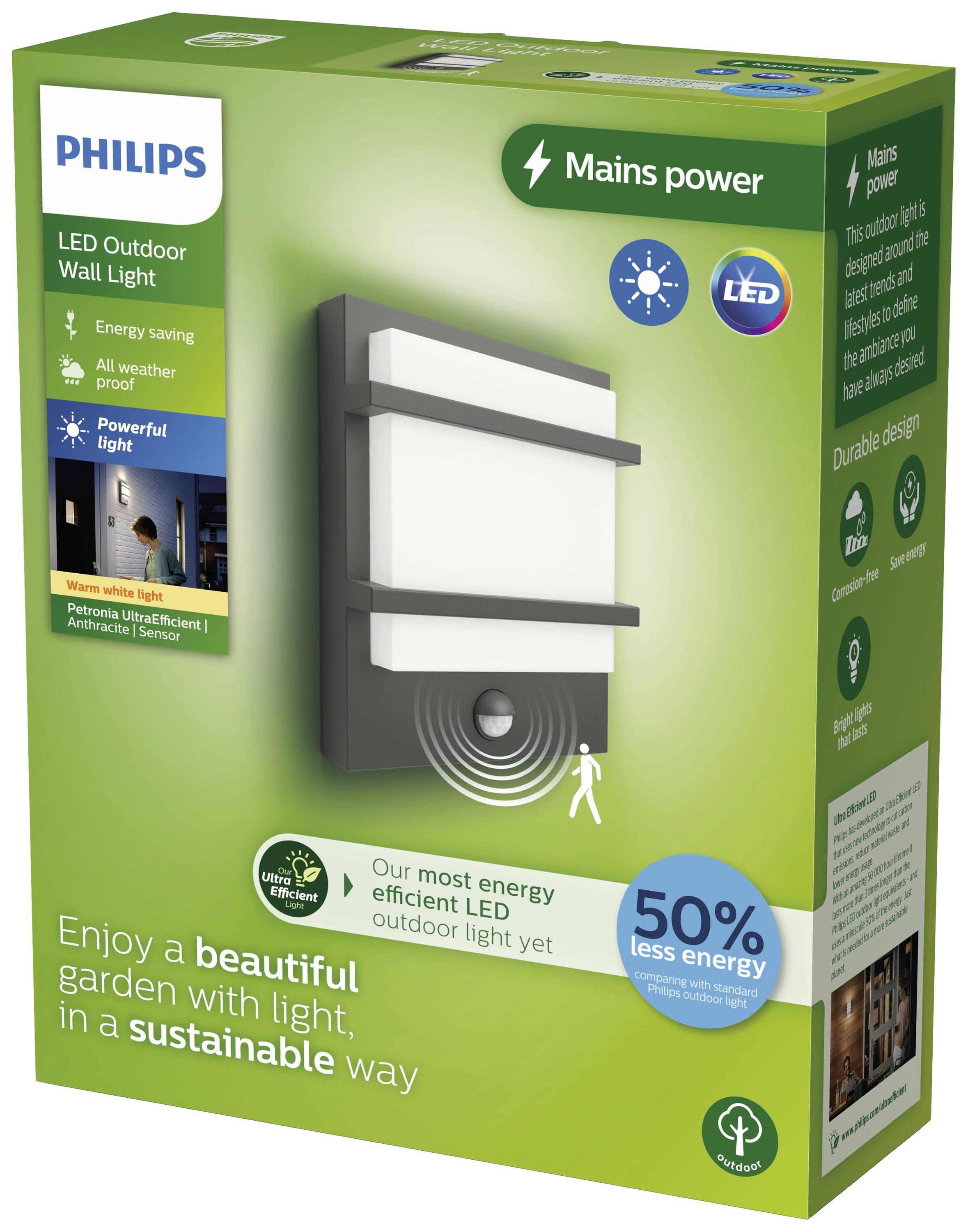 Verpackung einer Philips LED-Außenwandleuchte. Bewirbt Energieeinsparung und Wetterbeständigkeit. Text: 'Genießen Sie einen schönen Garten mit Licht, auf nachhaltige Weise.'