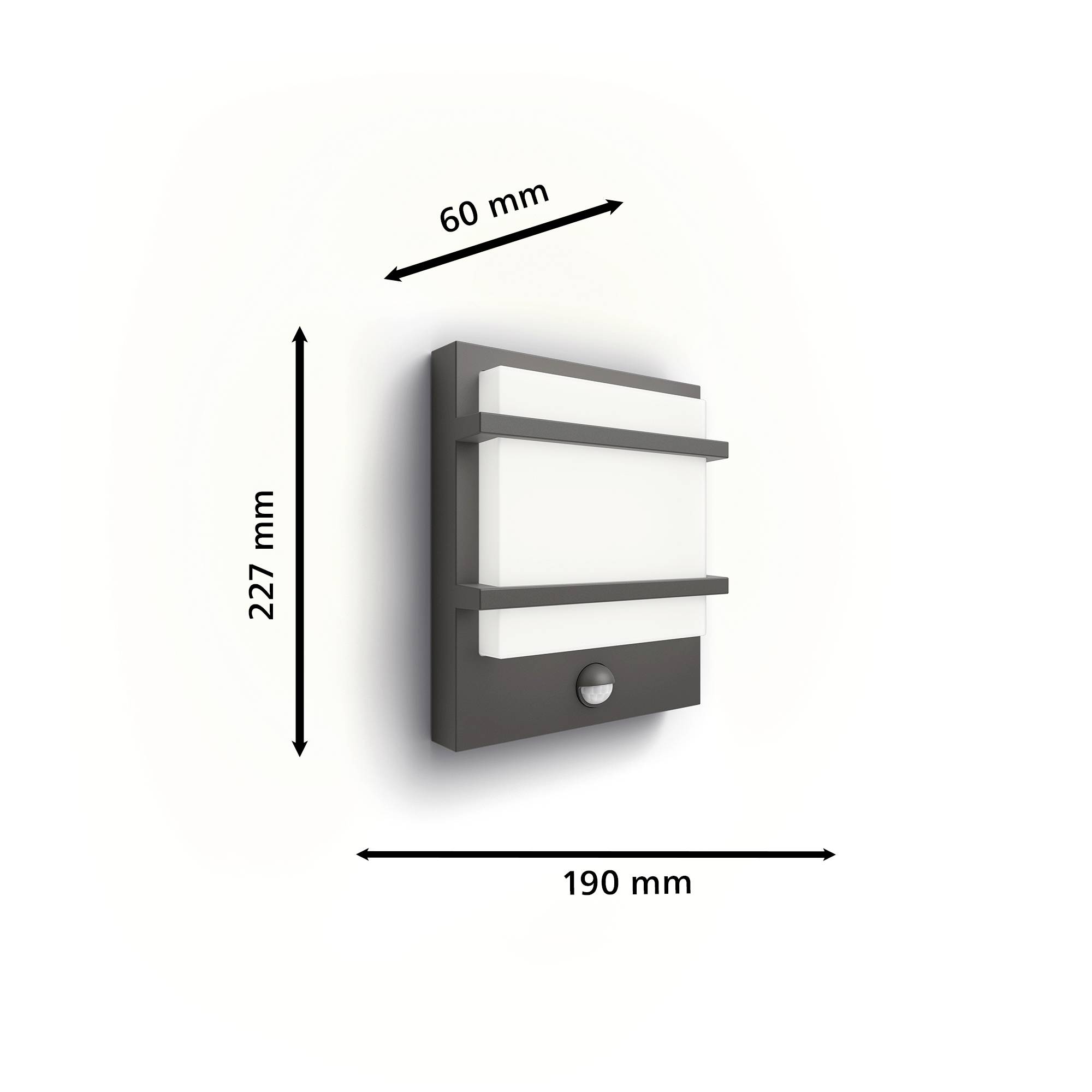 Rechteckige Außenleuchte mit Bewegungsmelder, Maße: 227 mm Höhe, 190 mm Breite, 60 mm Tiefe. Elegantes Design, geeignet für Hauswandmontage.