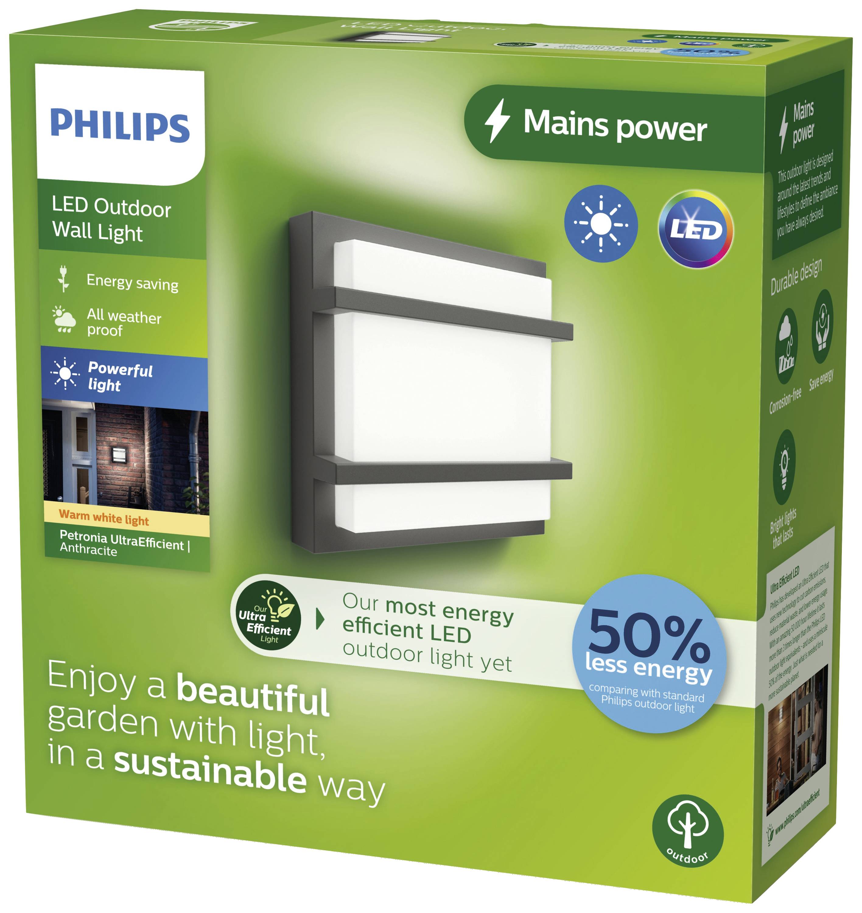 'Philips LED-Außenwandleuchte' Verpackung. Zeigt energieeffiziente Wandleuchte mit wetterbeständigem Design. Spart 50 % Energie.