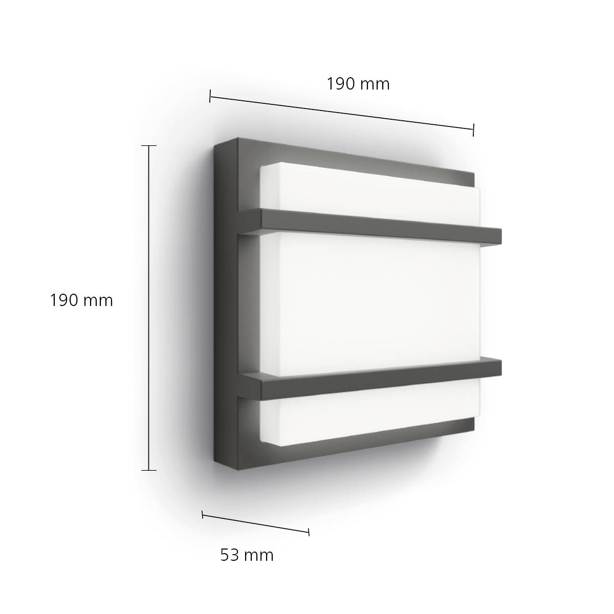 Quadratische Wandleuchte mit Seitenteilen in Dunkelgrau. Maße: 190 mm x 190 mm x 53 mm. Eignet sich für Innen- und Außenbereiche.
