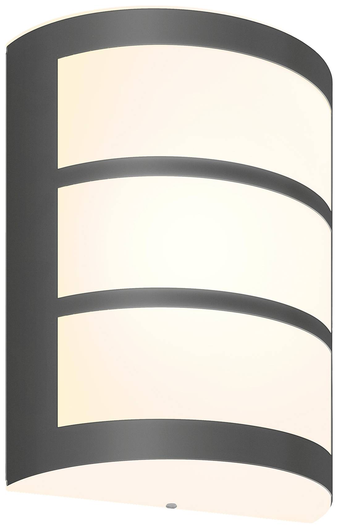 Wandleuchte mit modernem Design, halbkreisförmig und mit horizontalen Metallstreben. Sie strahlt weiches, diffuses Licht aus.