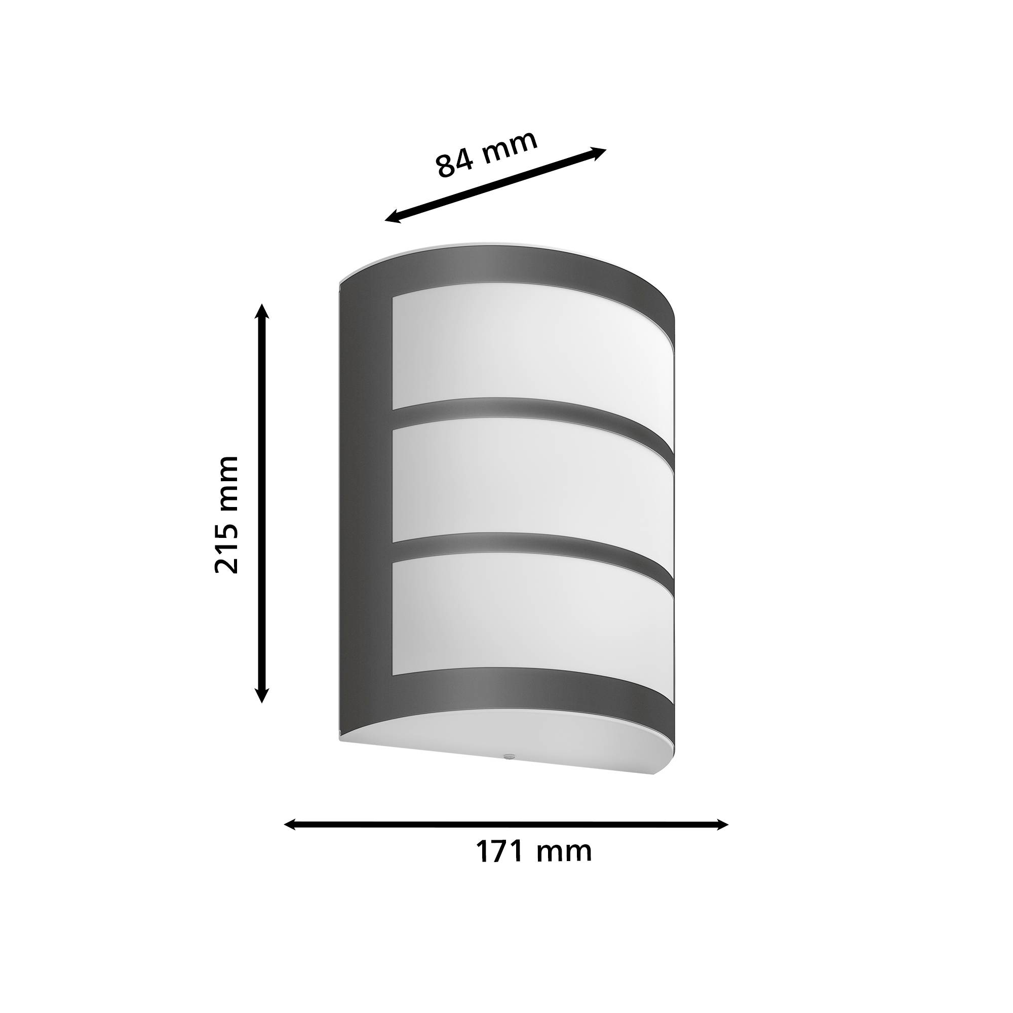 Wandleuchte aus schwarzem Metall mit drei abgerundeten weißen Lichtflächen; Maße: Höhe 215 mm, Breite 171 mm, Tiefe 84 mm.