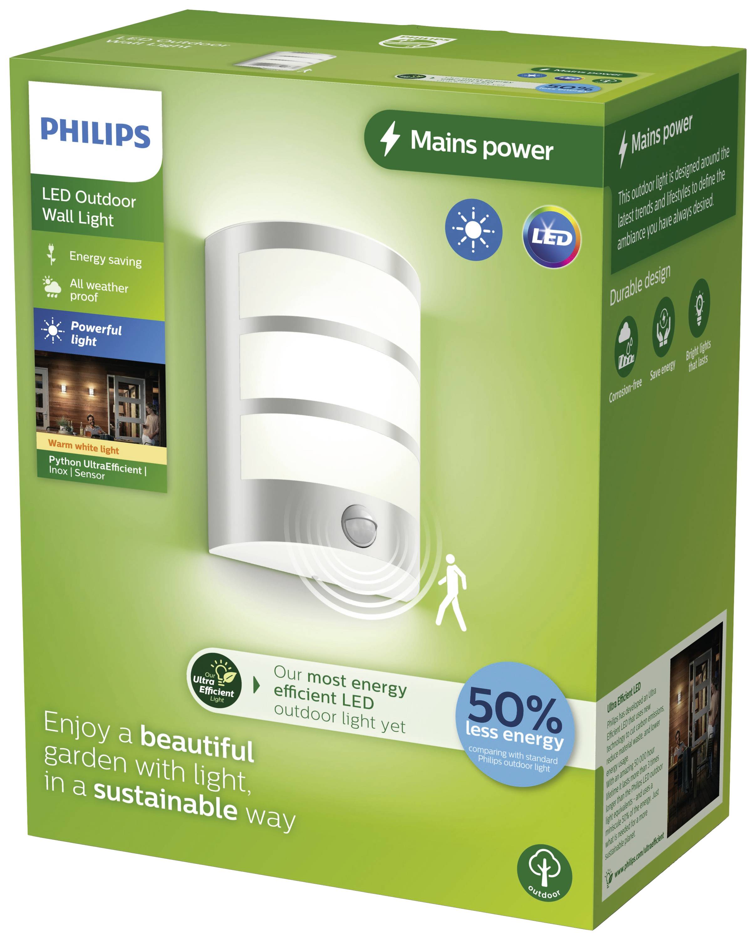 Die Verpackung zeigt eine Philips LED-Außenwandleuchte. Sie ist energieeffizient, wetterfest und spart 50% Energie. Geeignet für Gärten.