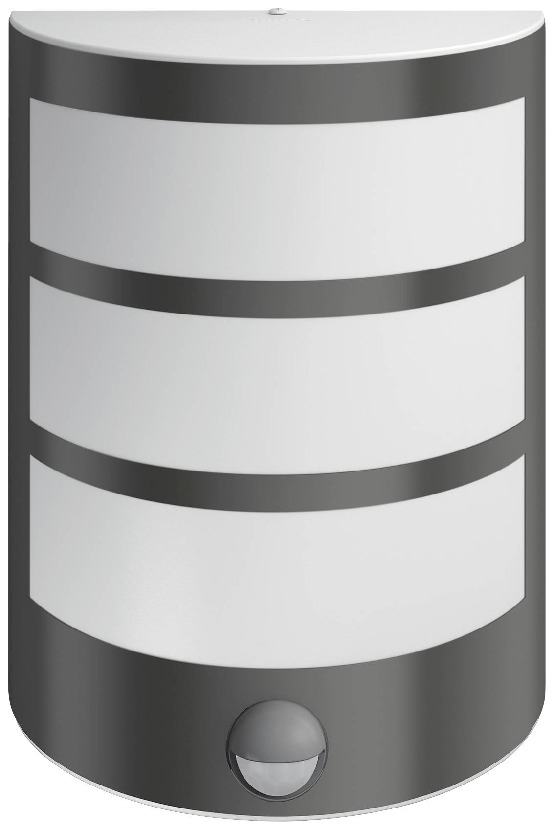 Außenwandleuchte mit Bewegungssensor, graues Gehäuse, zylindrische Form.