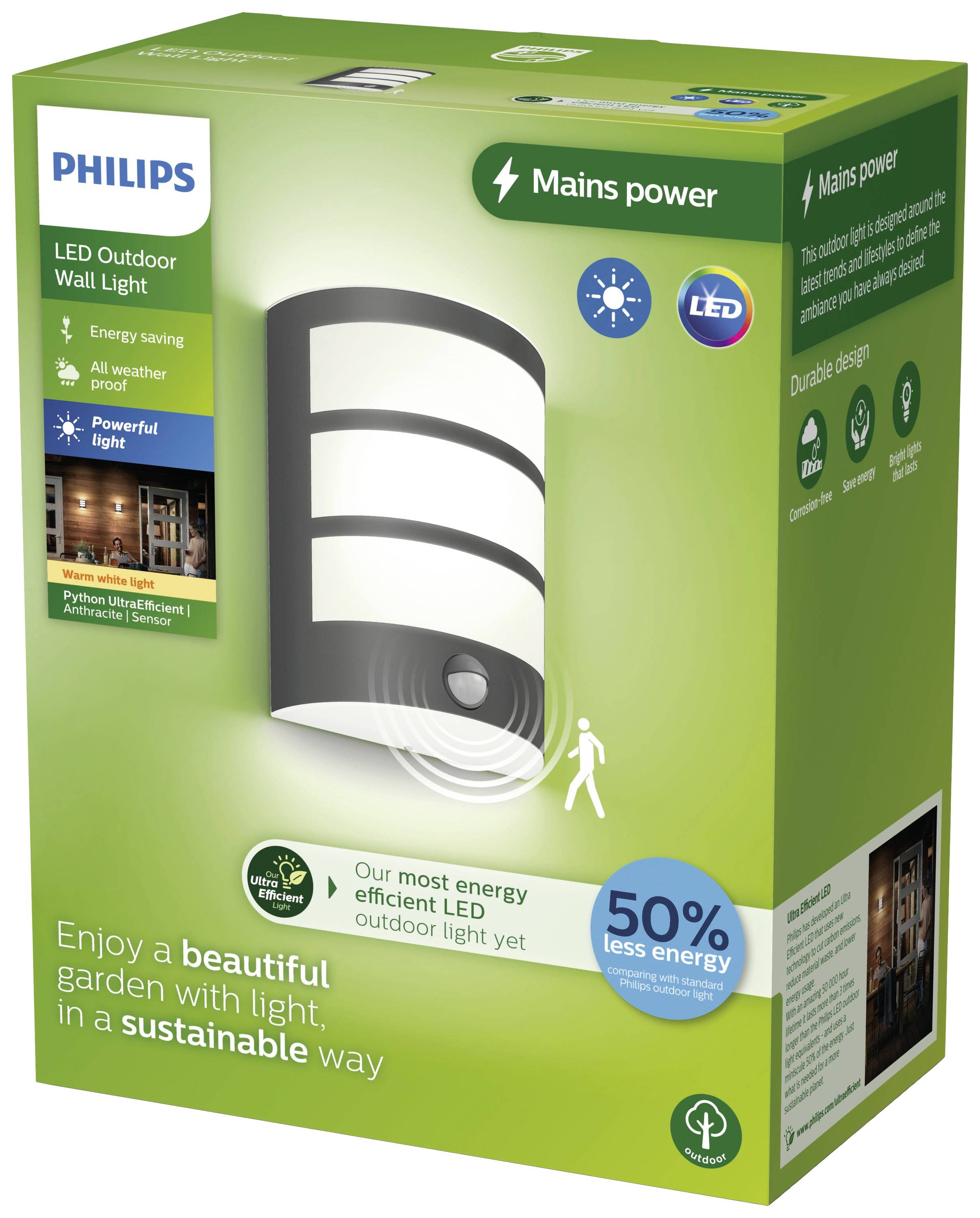 Philips LED-Außenwandleuchte mit Bewegungssensor. Energieeffizient, wetterfest, 50 % Energieeinsparung. Ideal für Gartengestaltung.