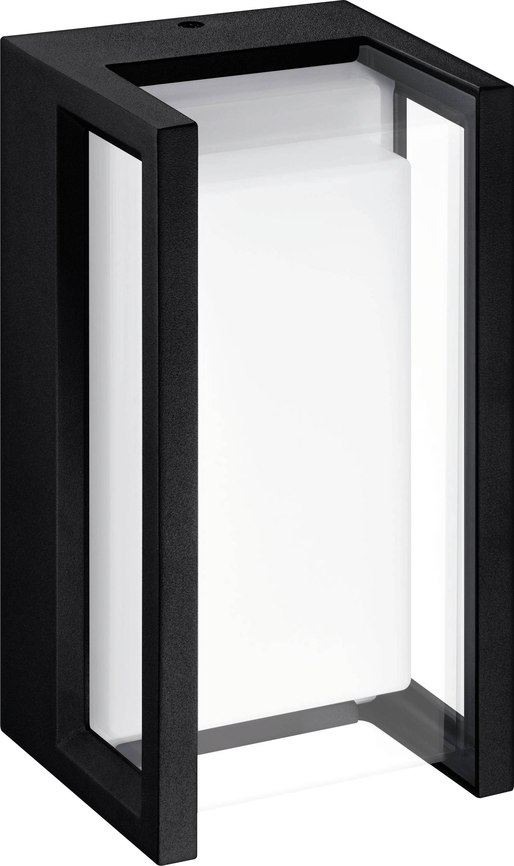 Schwarze Außenwandleuchte mit modernem, rechteckigem Design und transparenten Seitenteilen um eine weiße Lichtquelle.