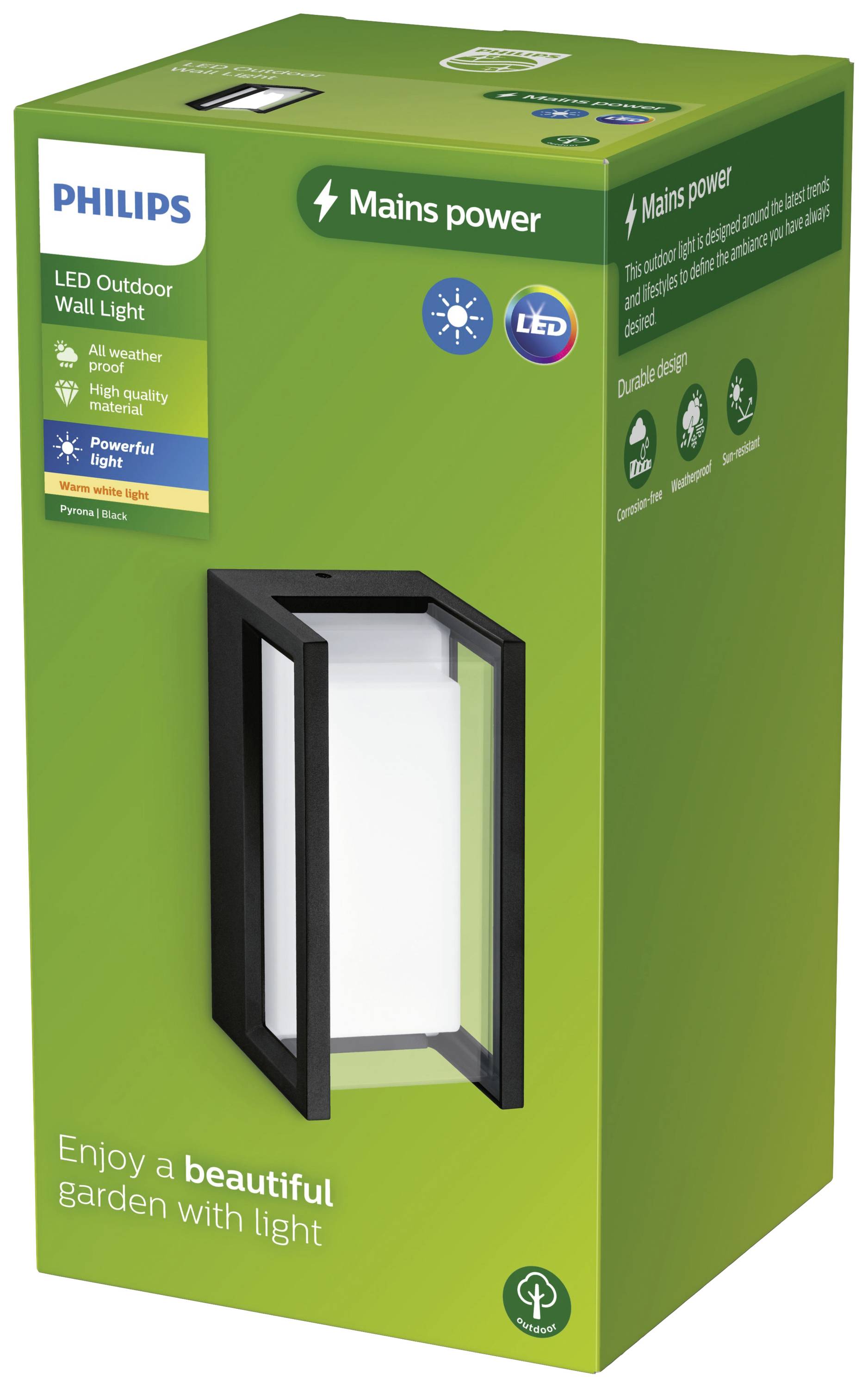 Grüne Verpackung einer Philips LED-Außenwandleuchte mit Bild der Leuchte. Text beschreibt: 'Genießen Sie einen schönen Garten mit Licht'.