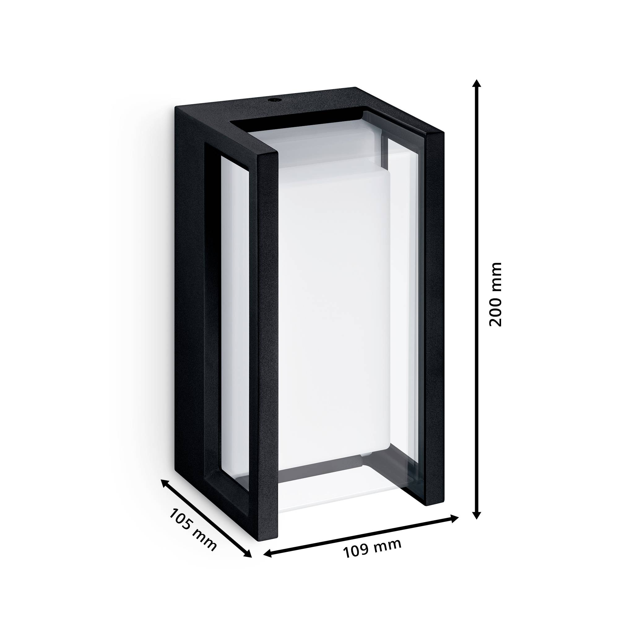 Rechteckige schwarze Wandleuchte mit Glasfront. Maße: Höhe 200mm, Breite 109mm, Tiefe 105mm. Geeignet für moderne Außenbeleuchtung.
