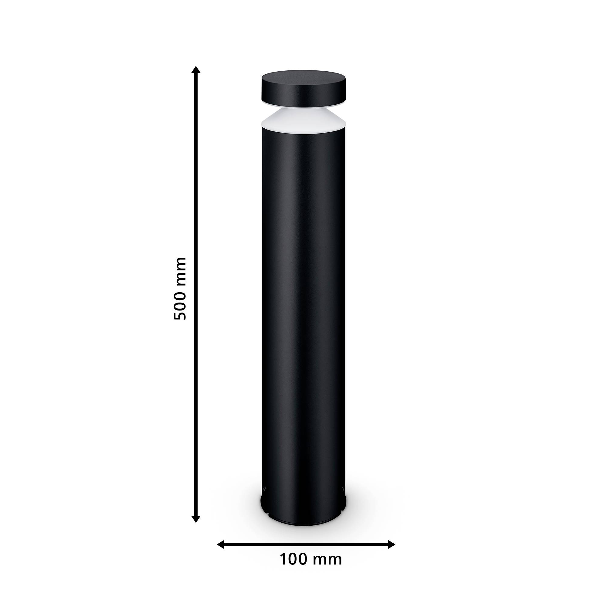 Schwarzer, zylindrischer Pfosten mit Licht oben, Höhe 500 mm, Durchmesser 100 mm.