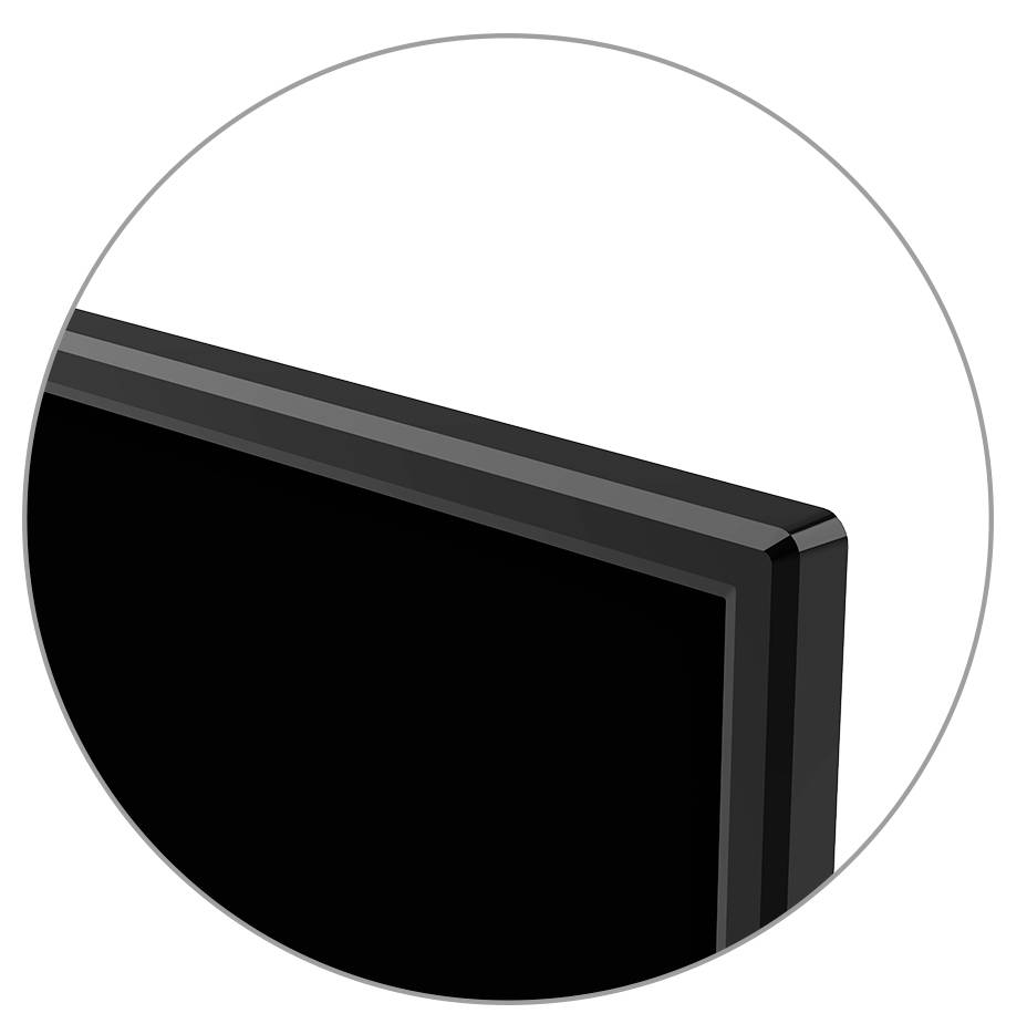 'Nahaufnahme einer Bildschirmecke mit schwarzem Rahmen und glattem Finish, zeigt das schlanke Design des Displays.'