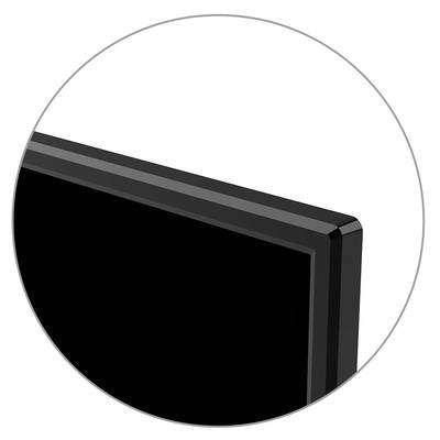 'Nahaufnahme einer Bildschirmecke mit schwarzem Rahmen und glattem Finish, zeigt das schlanke Design des Displays.'