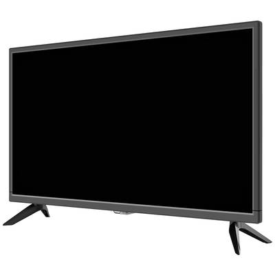 Flachbildfernseher in schwarzem Design mit zwei Standfüßen, abgeschaltet, auf hellem Hintergrund.