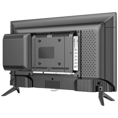 Rückseite eines Fernsehers mit sichtbaren Anschlüssen und Befestigungselementen, Fokus auf die technischen Details und Struktur.