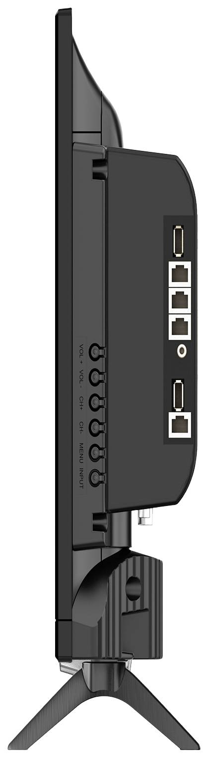 Seitliche Ansicht eines Flachbildfernsehers mit mehreren Anschlussmöglichkeiten, darunter HDMI- und USB-Ports.