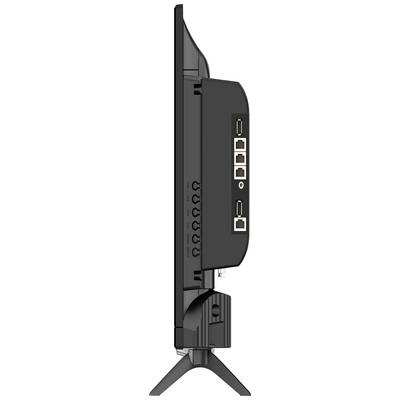Seitliche Ansicht eines Flachbildfernsehers mit mehreren Anschlussmöglichkeiten, darunter HDMI- und USB-Ports.