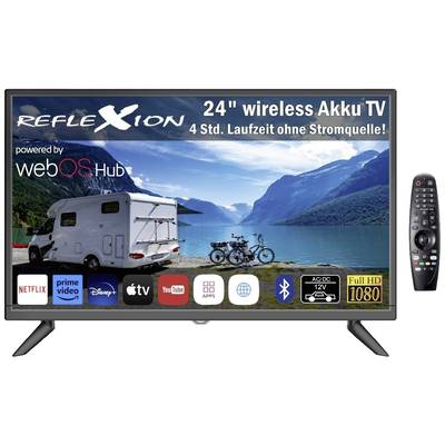 Ein 24-Zoll kabelloser Akku-Fernseher von RefleXion mit WebOS Hub. Zeigt See- und Berglandschaft mit Wohnmobil und Fahrrädern.