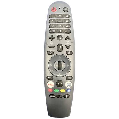 Fernbedienung mit Tasten für Zahlen, Lautstärke, Navigation, und Streaming-Dienste wie Netflix und Prime Video. Enthält Mikrofon-Symbol.