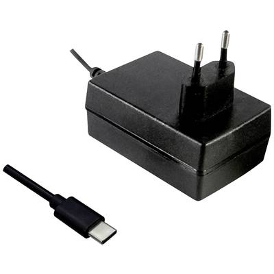 Ein schwarzes Netzteil mit Eurostecker und einem USB-C-Kabel. Geeignet zum Laden von Geräten mit USB-C-Anschluss.