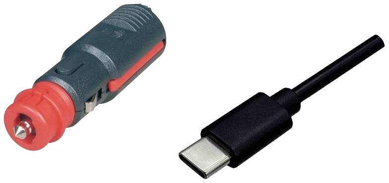 'Steckeradapter': Links ein Auto-Stecker, rechts ein USB-C-Stecker.