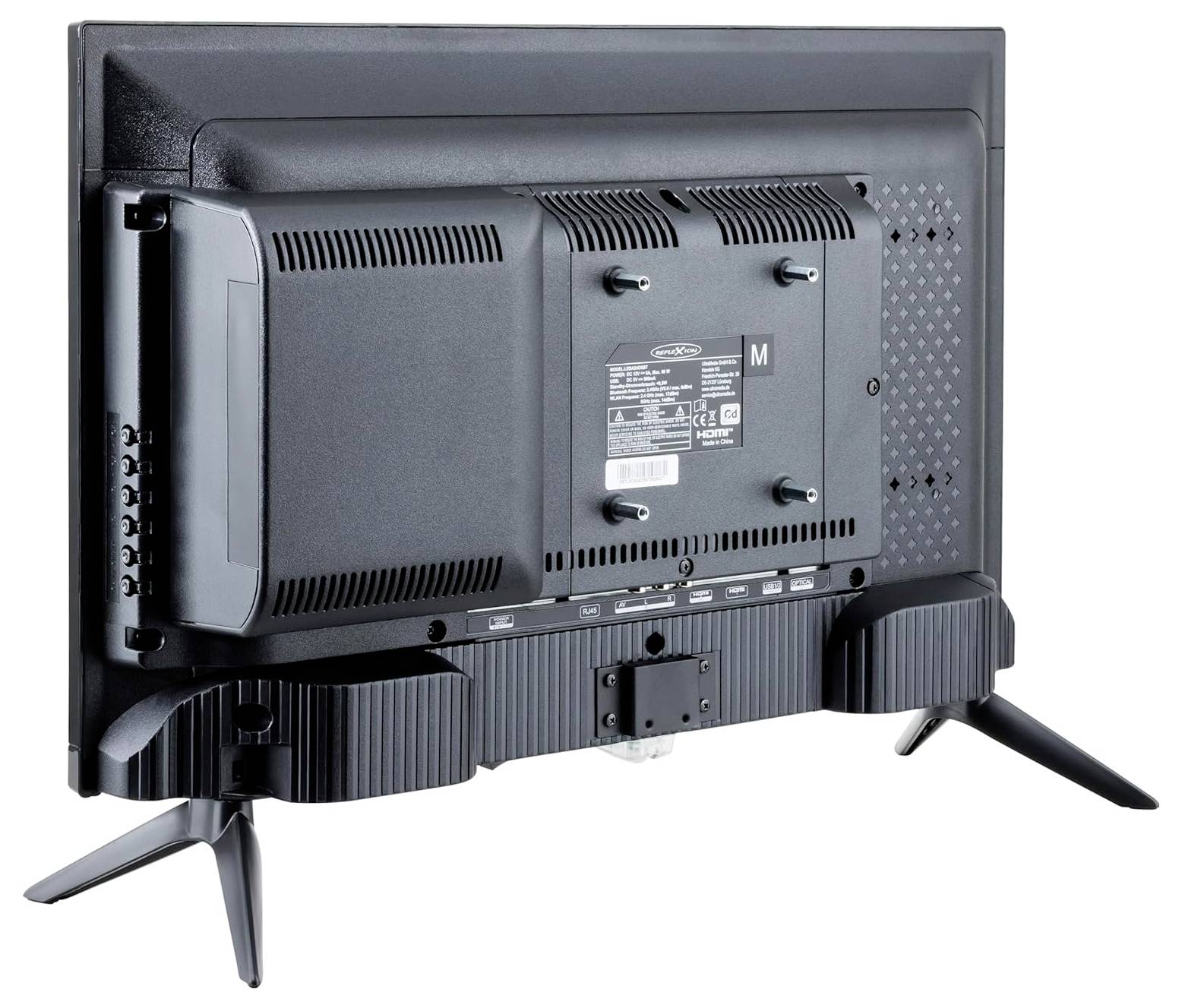 Rückansicht eines Flachbildfernsehers auf zwei geneigten Ständerbeinen, die die Rückwand, Belüftungsöffnungen, Anschlüsse und Montageetikett zeigen.