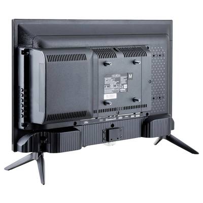 Rückansicht eines Flachbildfernsehers auf zwei geneigten Ständerbeinen, die die Rückwand, Belüftungsöffnungen, Anschlüsse und Montageetikett zeigen.
