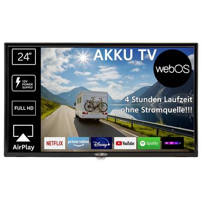 Werbegrafik für 24-Zoll-AKU-TV mit webOS: 12V-Betrieb, Full HD, AirPlay, 4 Stunden Laufzeit ohne Stromquelle; Streaming-Apps gezeigt.<br>