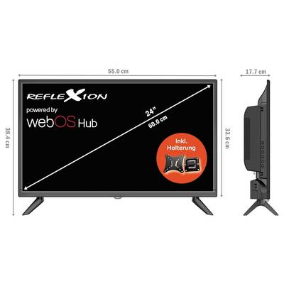 Produktbild eines 24-Zoll-REFLEXION-Fernsehers mit webOS Hub, mit Maßen 55,0 cm breit, 38,4 cm hoch und 17,7 cm tief sowie Wandhalterung-Hinweis 'Inkl. Halterung'.