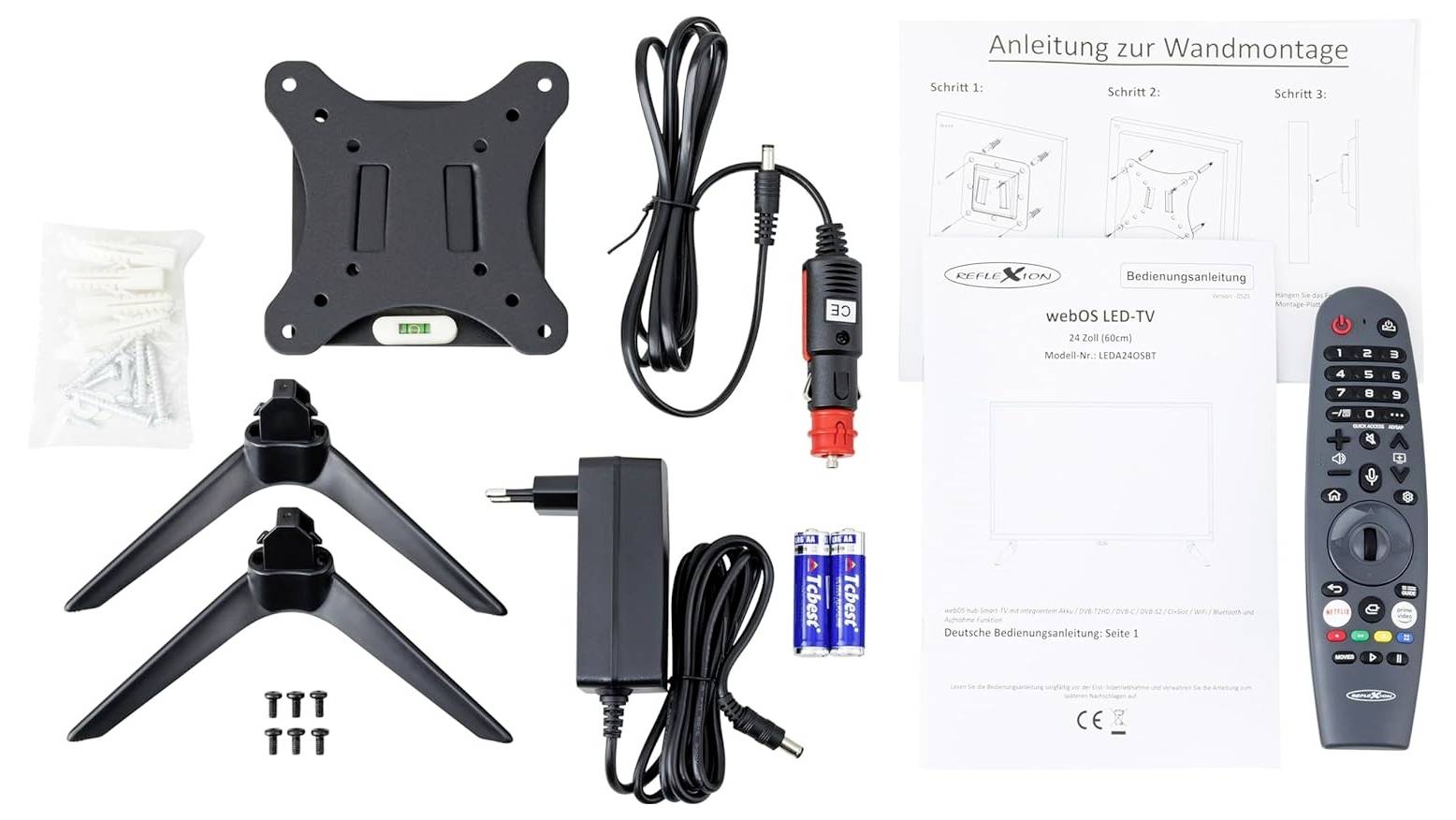 Lieferumfang eines LED-TV-Sets: Wandhalterung, Fernbedienung, Netzteil, Kabel, Batterien, Schrauben und Montageanleitung.