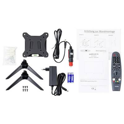 Lieferumfang eines LED-TV-Sets: Wandhalterung, Fernbedienung, Netzteil, Kabel, Batterien, Schrauben und Montageanleitung.
