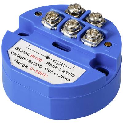 Blauer Temperaturtransmitter mit Schraubklemmen oben, zeigt Spezifikationen: Signal 'Pt100', Spannungsbereich 24V DC, Ausgang 4-20mA, Temperaturbereich 0-100°C.