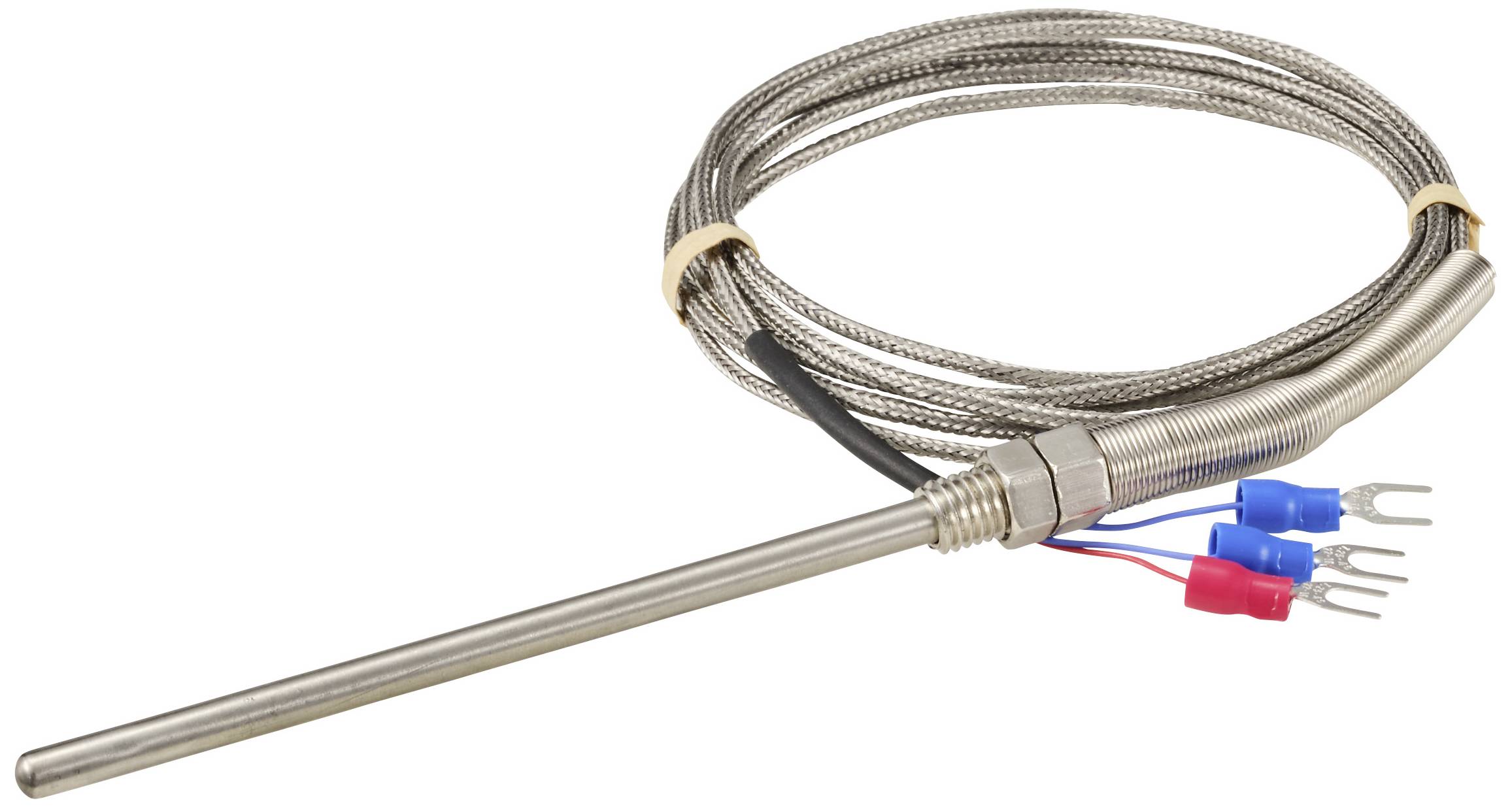 Ein Thermoelement mit Metallsonde und geflochtenem Kabel, versehen mit blauen, roten und schwarzen Anschlusssteckern. Ideal für Temperaturmessungen.