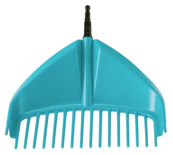 Ein lebendiger Petrol-Rechen mit breiten, robusten Kunststoffzinken, die für eine effiziente Laub- und Debrissammlung entwickelt wurden.