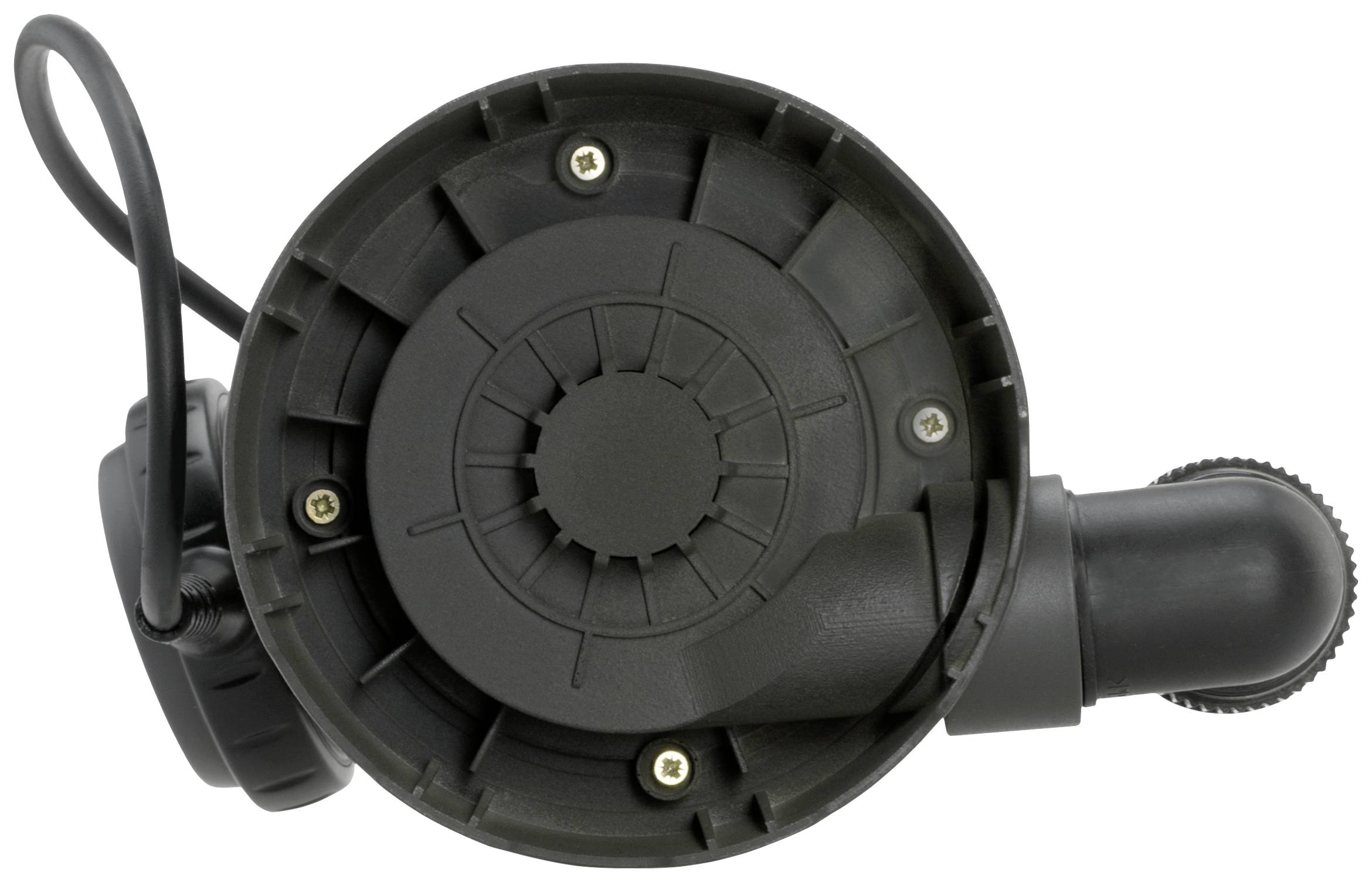 Eine schwarze Kunststoff-Abdeckung mit Schrauben. Oben ist eine Drahtschlaufe angebracht.